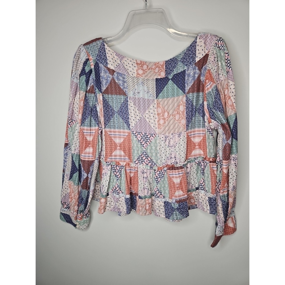 American Eagle Blouse M Pink Patchwork Babydoll Cropped Boho CottageCore Gauzey - Picture 6 of 14